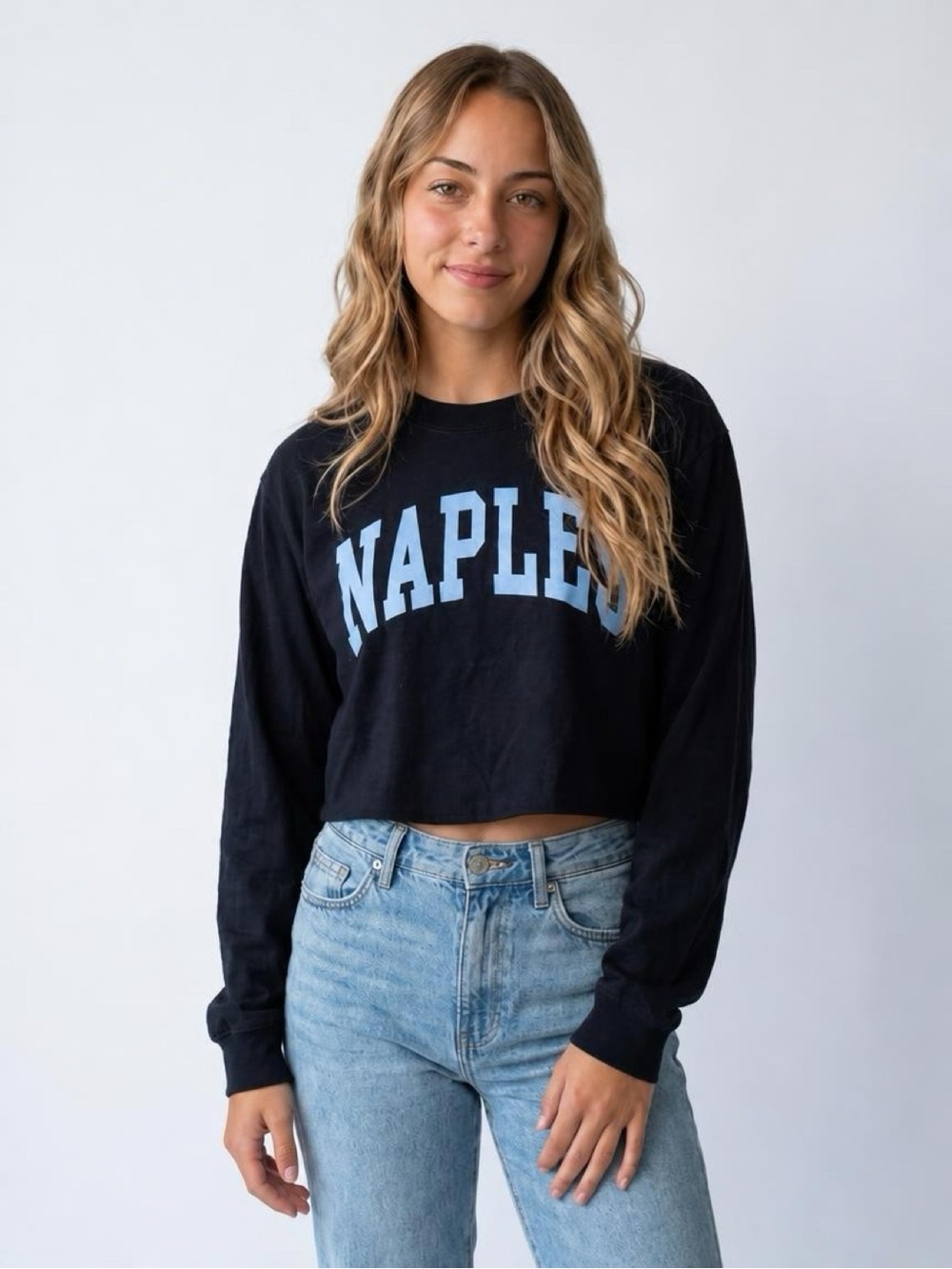 John Galt Brandy Melville Black Cropped Naples Sweatshirt with Light Blue Letter